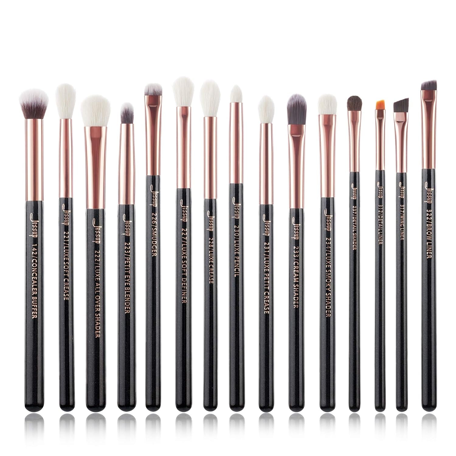 Elevate Your Eye Makeup Game with the 15-Piece Professional Makeup Brushes Set - Luxurious Wood Handles & Ultra-Soft Bristles in Pearl Black/Rose Gold