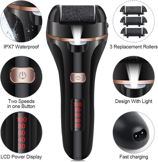 Revitalize Your Feet with the Electric Foot File Callus Remover - Rechargeable Pedicure Kit with 3 Roller Heads and 2 Speed Settings for Smooth, Soft Skin